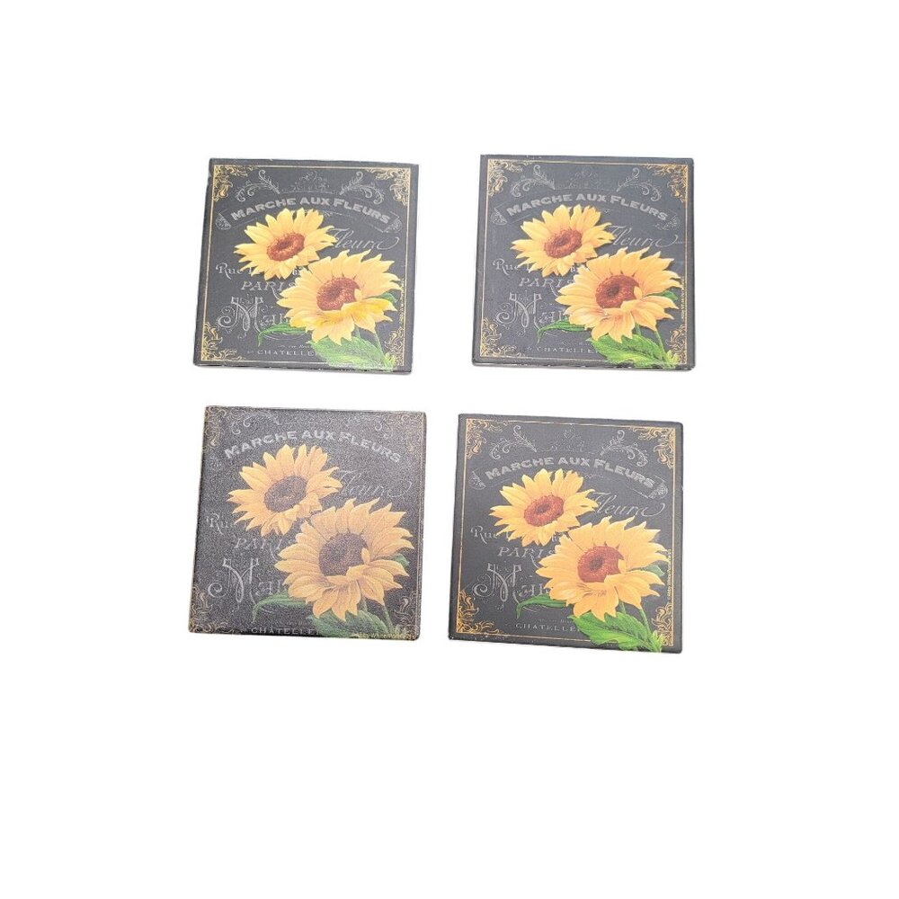 Set Of 4 Decorative Sunflower-Themed Ceramic Coasters